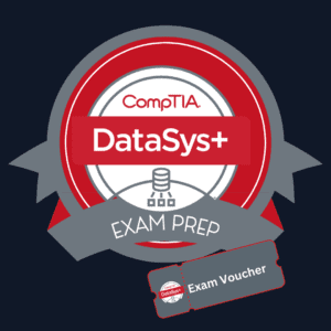 A red and white CompTIA DataSys+ (DS0-001) Exam Prep Bundle logo with white text.