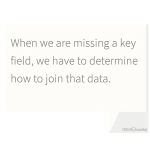 When we are missing a key field, we have to determine how to join the data by creating unique identifiers between two data sets.