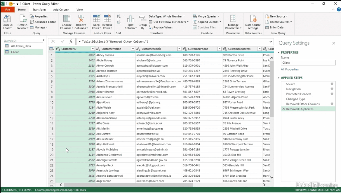 Power Query Editor removing duplicates.