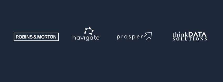 Four company logos on a dark blue background.