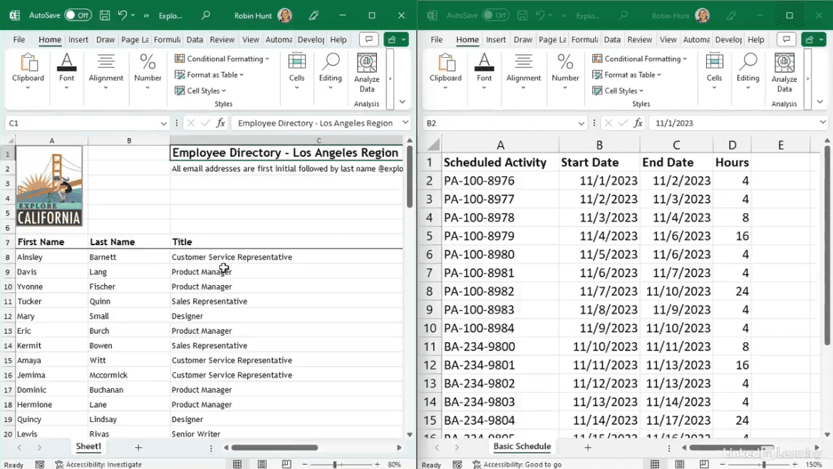 Spreadsheet with employee directory and schedule.