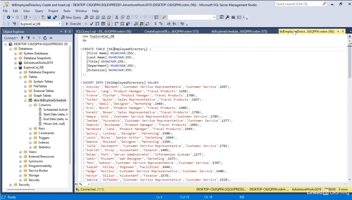 SQL Server Management Studio with employee data.