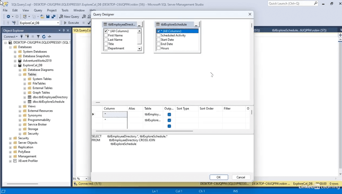 SQL Server Management Studio window with SQL query designer.