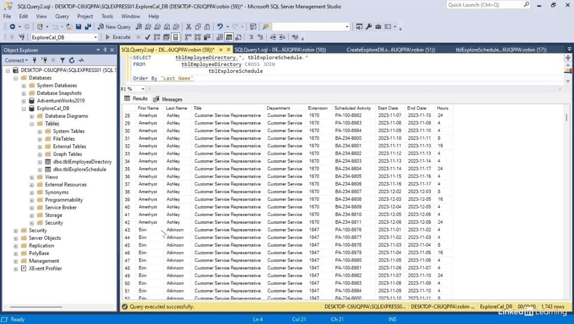 SQL Server Management Studio query results table.