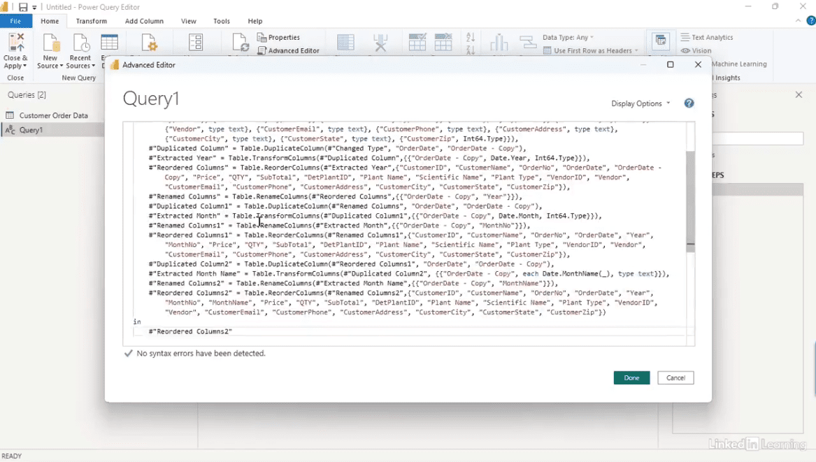 Power Query Editor window showing code.