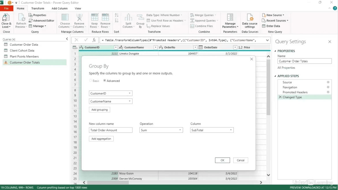 Power Query Editor: Group By and Sum Subtotal.