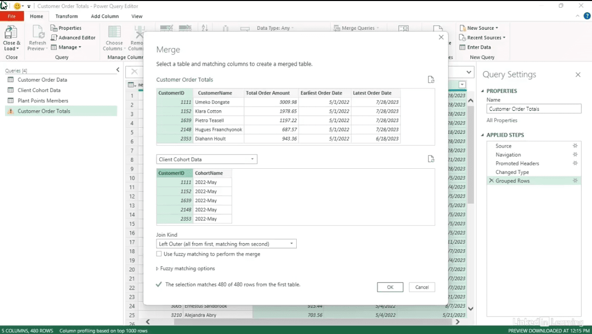 Power Query merge tables by customer ID.