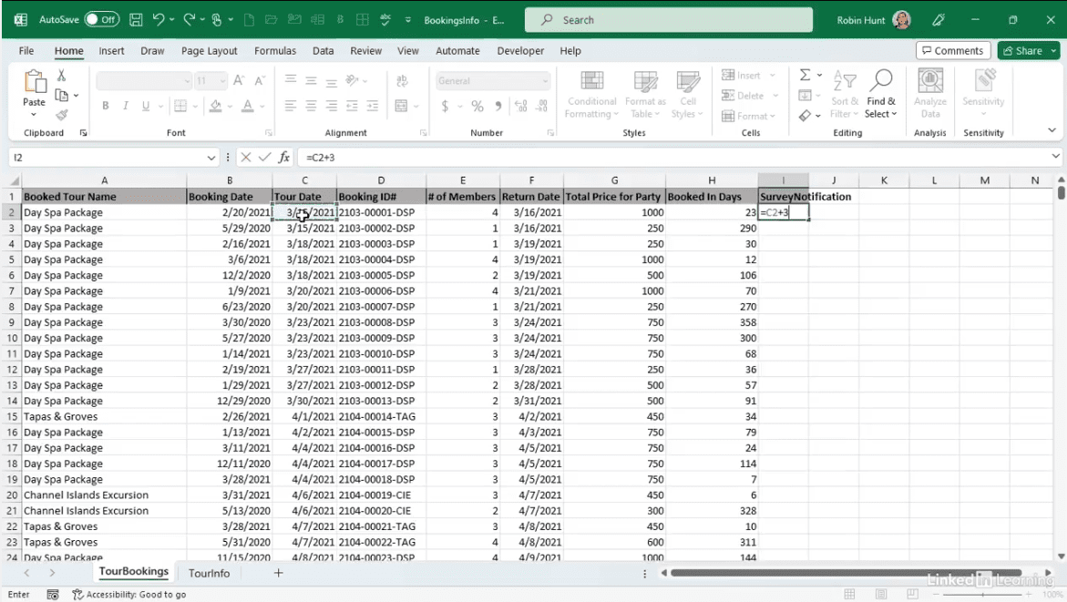 Spreadsheet showing tour bookings and data.