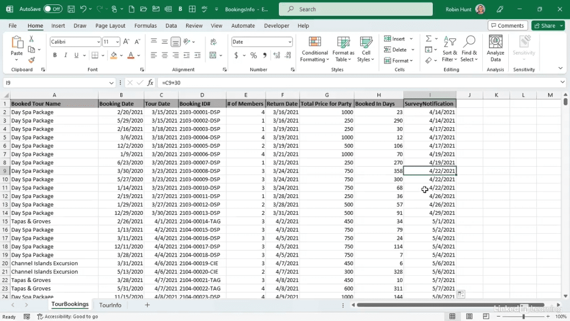 Spreadsheet of tour bookings and dates.