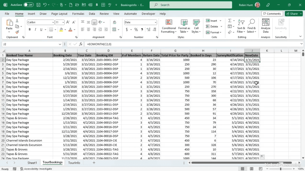 Spreadsheet showing tour bookings in 2021.