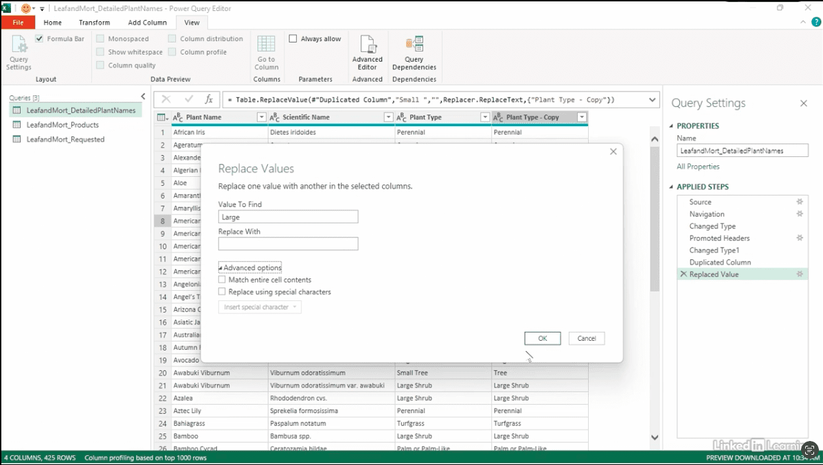 Power Query interface for replacing values.