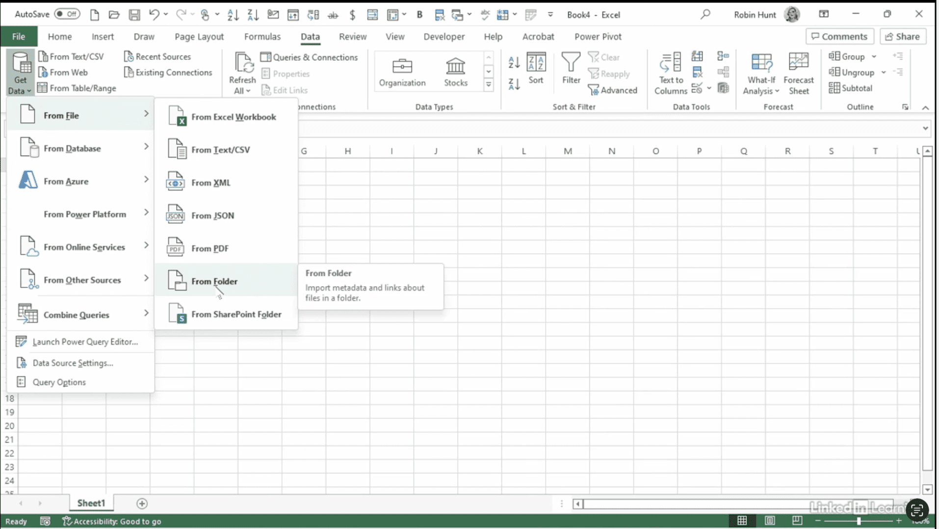 Excel data import options from file menu.
