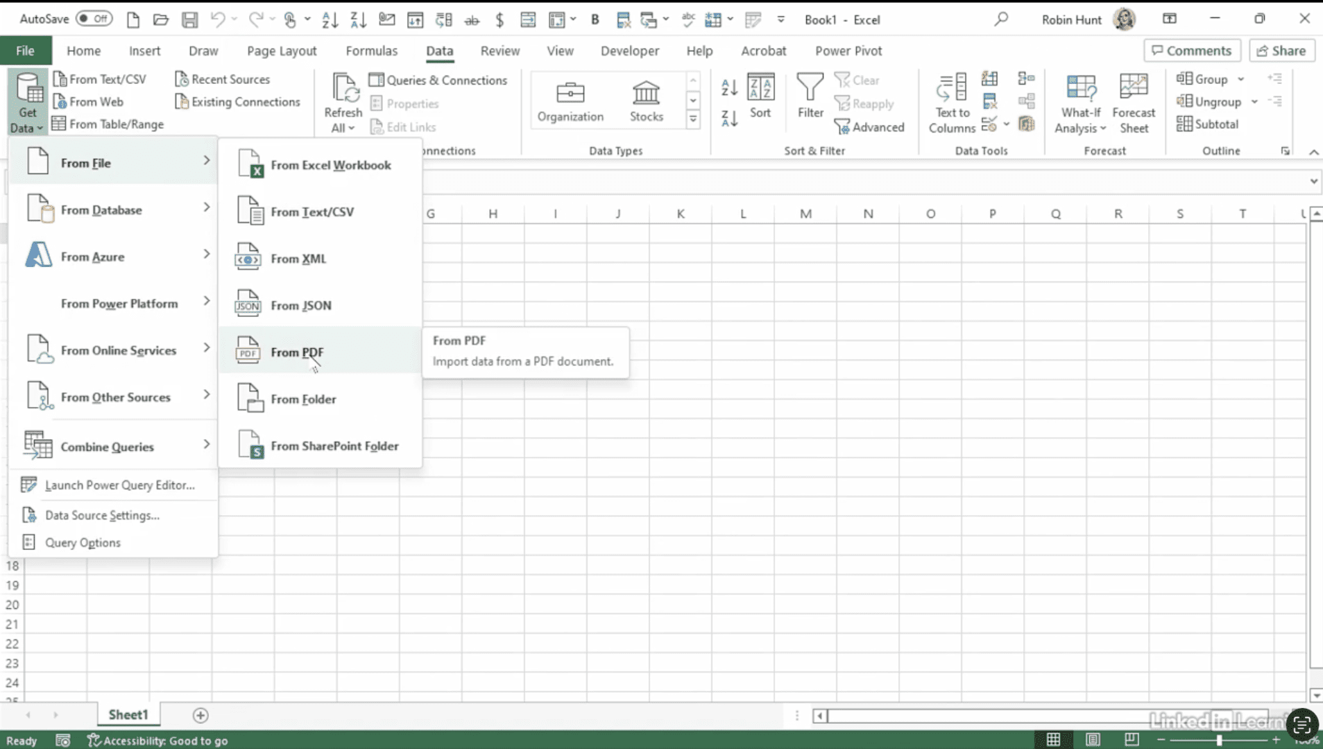 Excel data import options menu displayed.