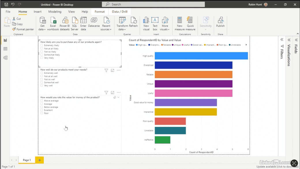 Power BI survey results displayed with bar chart.