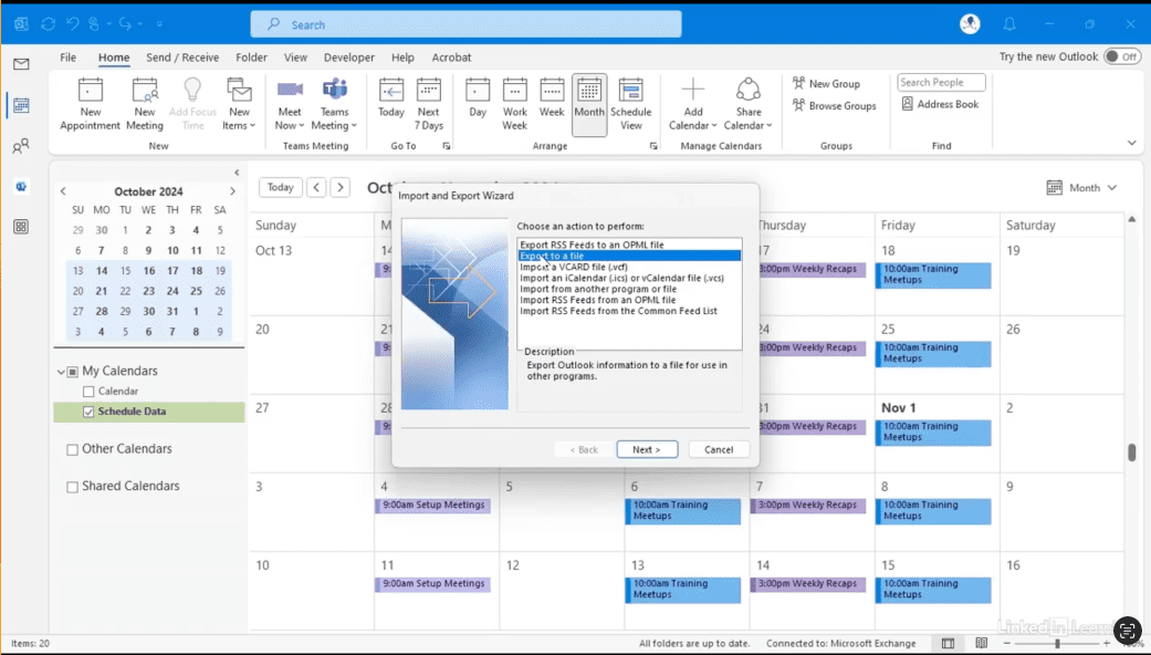 Outlook calendar with import/export options displayed.