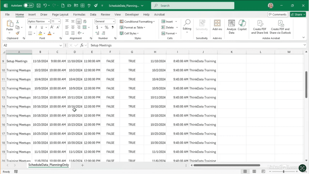 Excel spreadsheet with meeting schedule details.