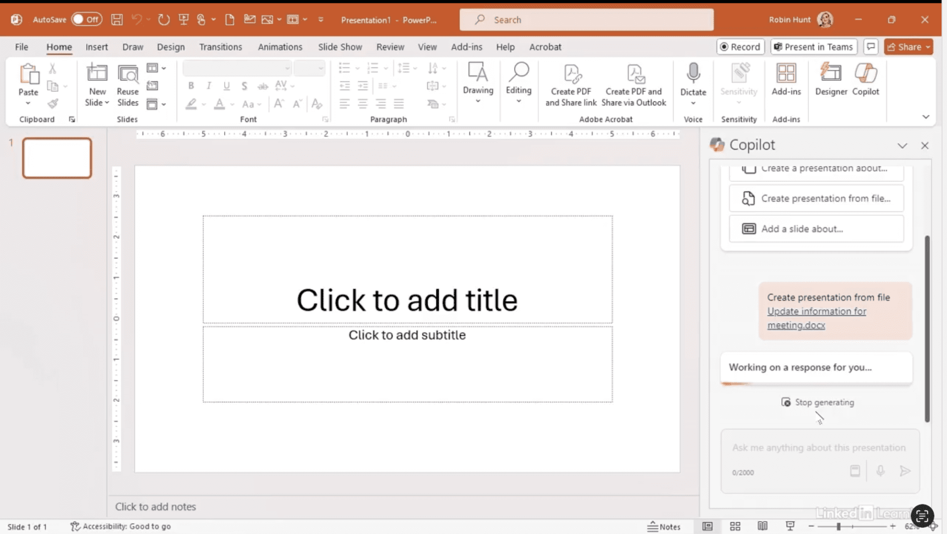 PowerPoint slide with title and subtitle prompts.