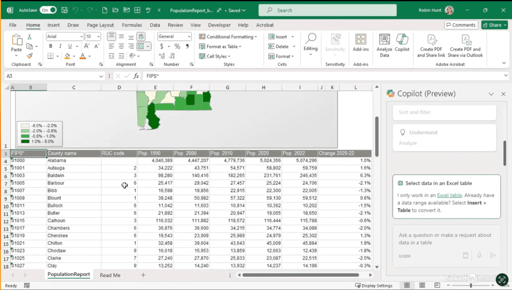 Excel spreadsheet displaying population data by county.