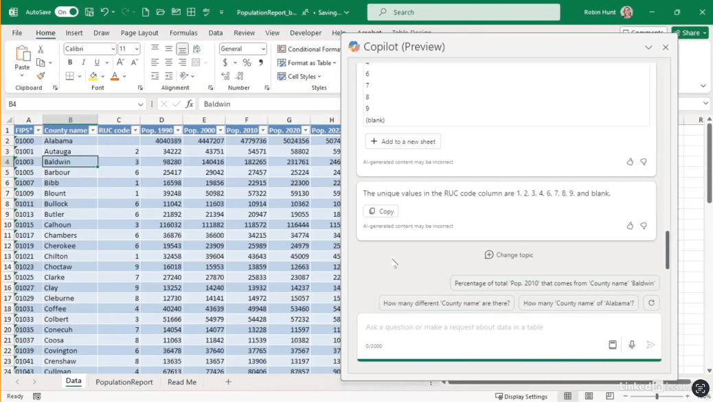 Excel spreadsheet showing population data analysis.