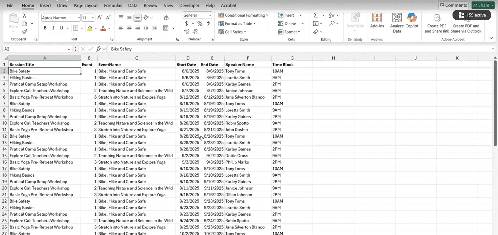 Spreadsheet listing session details and dates.
