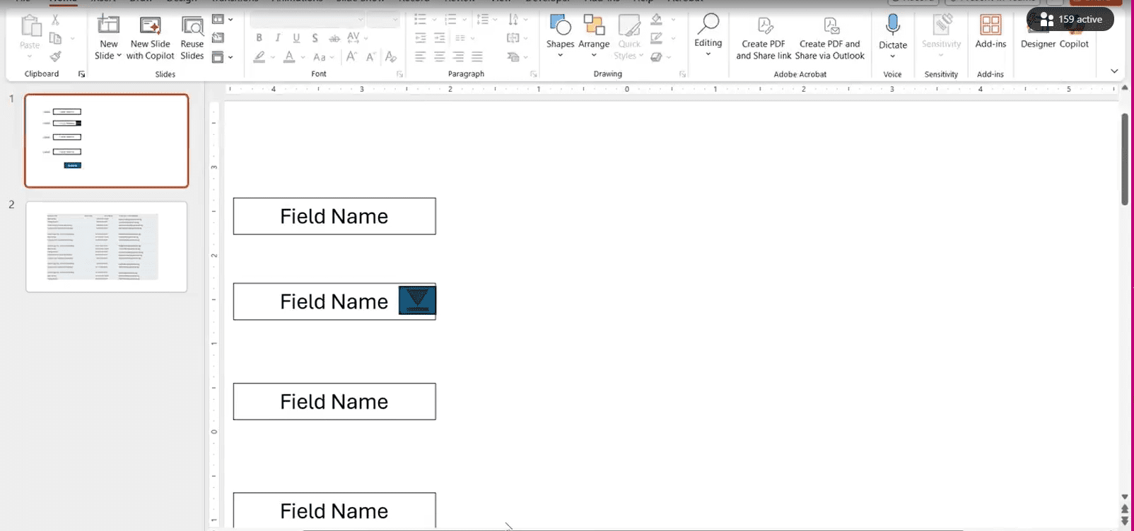 PowerPoint slide with field name boxes.