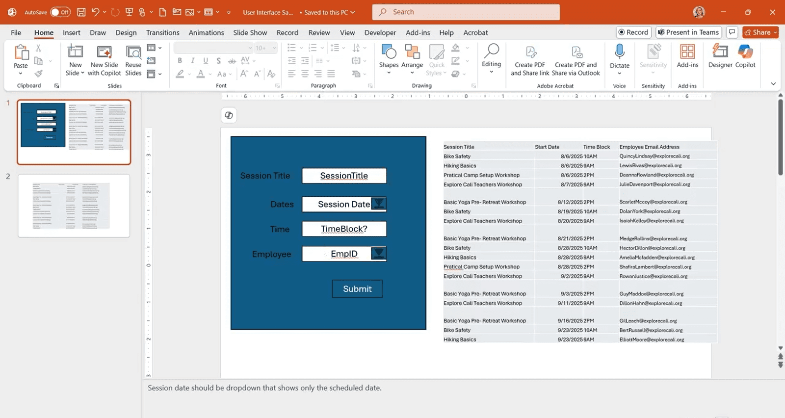 PowerPoint slide with data entry form displayed.