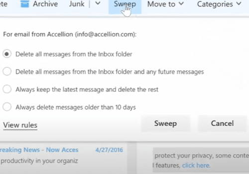 Using Sweep and Other Built in Rules in Office365
