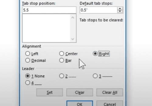 Tab settings window with right alignment selected.